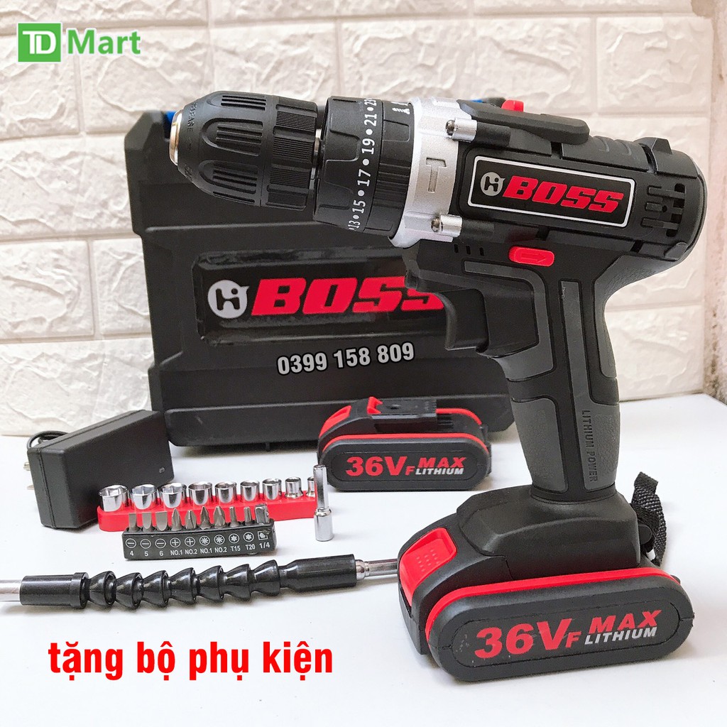 Máy Khoan bắt vít pin boss 36v 3 chức năng có búa tặng tặng mũi vít