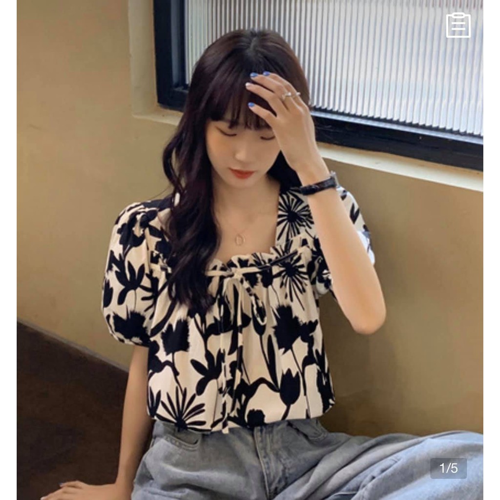 Áo hoa cổ vuông tay bồng thương hiệu SHOPLORA kiểu dáng trẻ trung