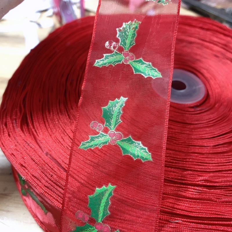 Ruy băng voan hoạ tiết noel 3,8cm đỏ (ribbon)