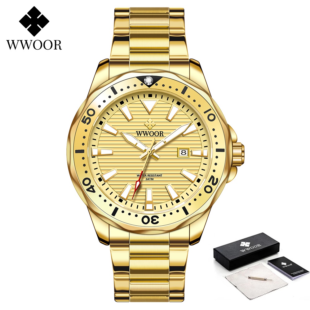 Đồng Hồ Quartz Chống Thấm Nước WWOOR Masculino-8847 Màu Vàng Kim Sang Trọng