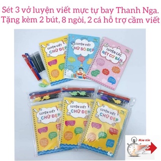 Combo 3 vở luyện viết chữ đẹp Thanh Nga.  Tặng kèm 2 viết, 8 ngòi thay thế, 2 cá hỗ trợ cầm viết
