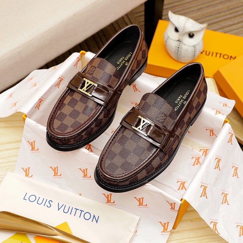 Giày tây lười mũi tròn họa tiết caro thương hiệu Louis Vuitton LV cao cấp