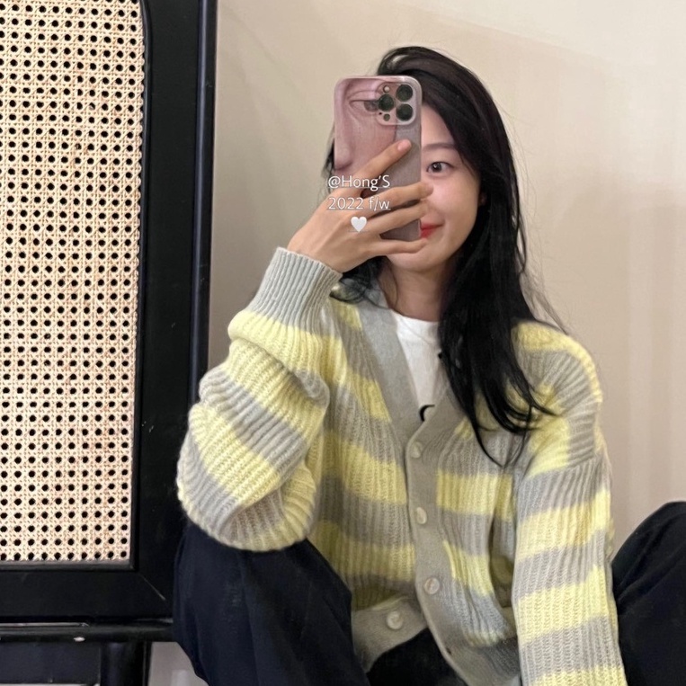 Áo cardigan dệt kim ZHELIHANGFEI tay phồng dáng rộng lưng cao họa tiết kẻ sọc dễ phối đồ