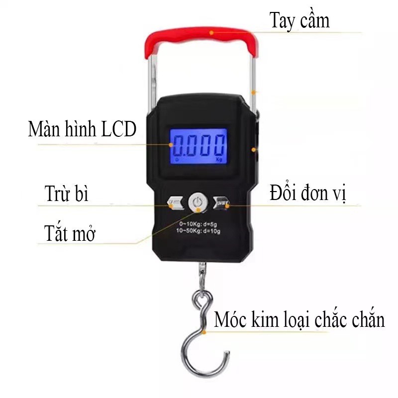 Cân Điện Tử Mini Cầm Tay 50kg  A23 Cân Treo Có Móc Cân Hành Lý Màn Hình LCD Siêu Chính Xác Bảo Hành 1 Năm