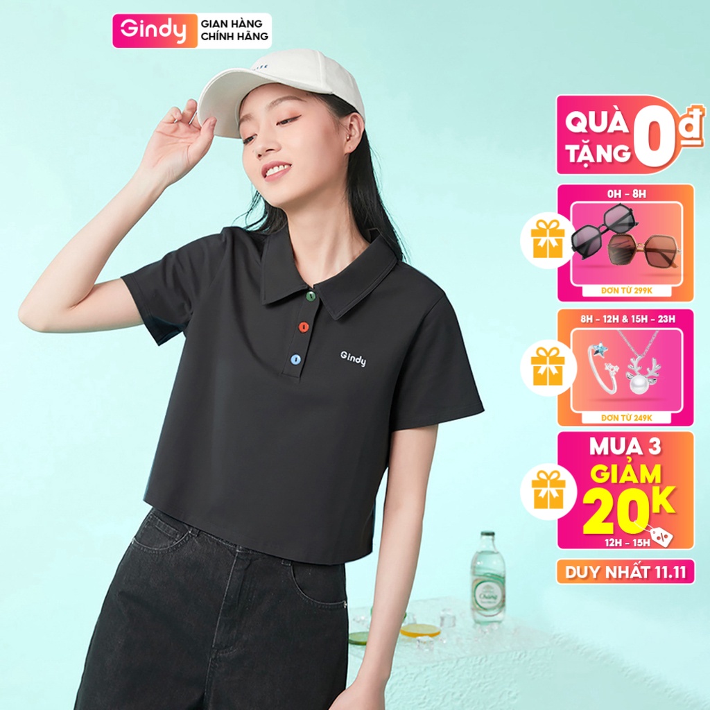 Áo phông nữ polo GINDY cúc màu sắc 3 màu cổ bẻ cotton tay lỡ basic dáng lửng unisex vải cotton thoáng mát A8110