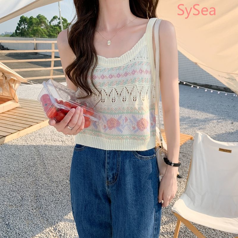 Áo Croptop Dệt Kim Không Tay Kiểu Retro Pháp Thời Trang Mùa Hè Cho Nữ