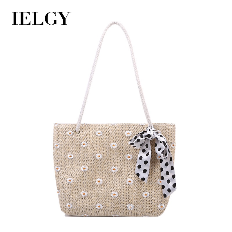Túi tote đan sợi rơm IELGY đeo vai họa tiết hoa đơn giản thời trang mùa hè cho nữ