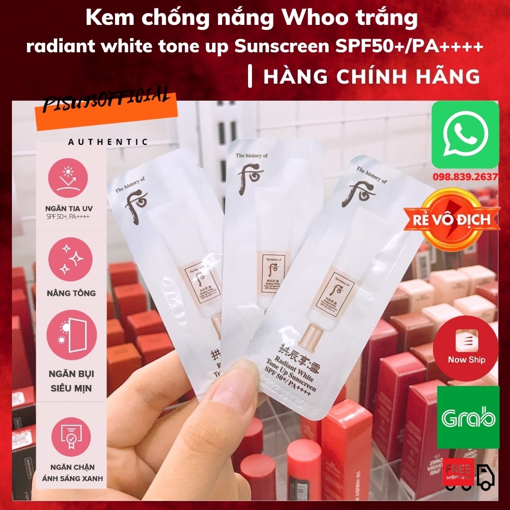 Kem chống nắng Whoo Trắng dưỡng trắng nâng tone da trắng hồng Radiant White Tone Up Sunscreen SPF50+/PA++++