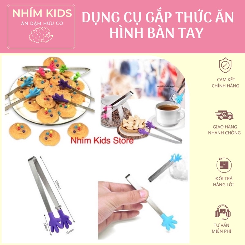 Kẹp gắp thức ăn silicon hình bàn tay, thân bằng thép không gỉ