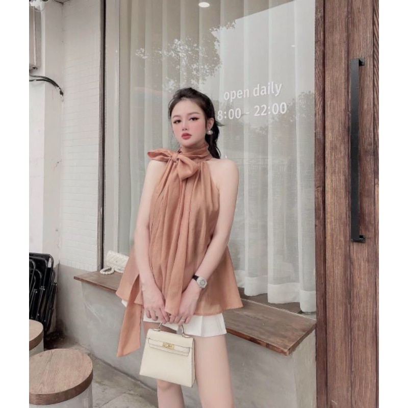 Áo tơ cổ yếm nơ dài hai lớp