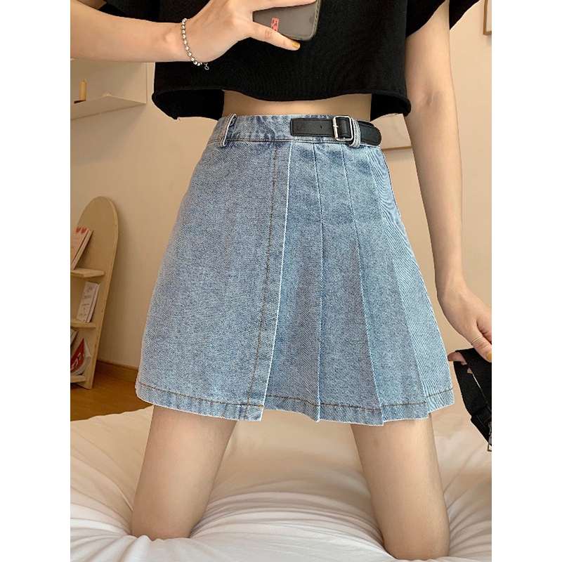 In stock Chân Váy Denim Chữ A Lưng Cao Thiết Kế Xếp Ly Xinh Xắn | BigBuy360 - bigbuy360.vn