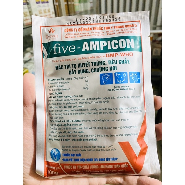 Five - Ampicon (100g) (bột) sản phẩm cao cấp dùng cho heo, gà, vịt, bò, dê, chó, mèo