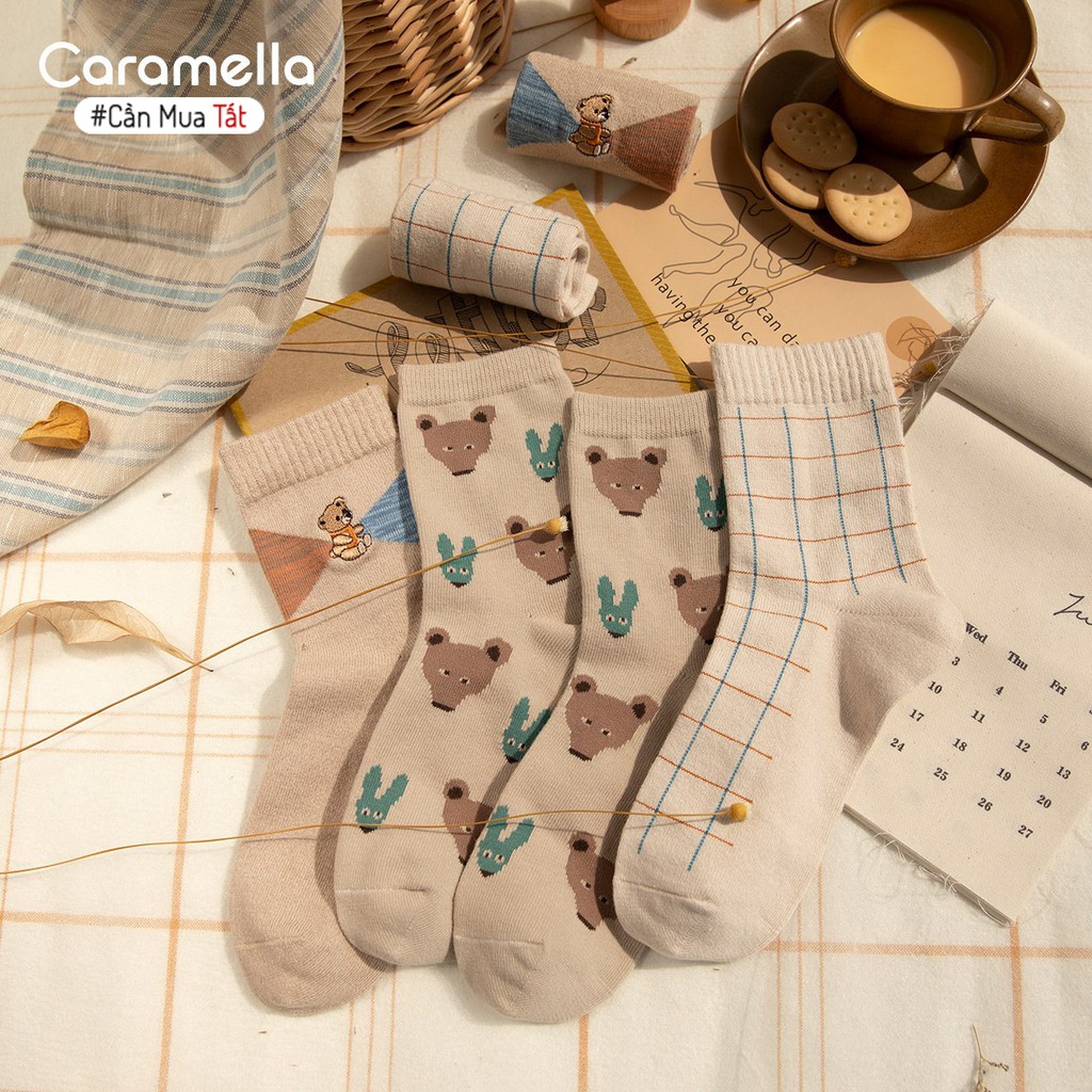 Tất Nữ Caramella Cao Cấp Set 3 Đôi Cổ Dài Chủ Đề Gấu Nâu