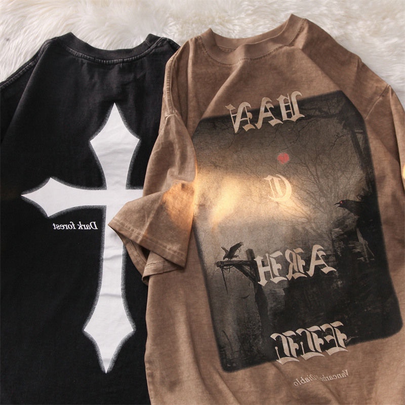 Áo Thun 100% Cotton Nguyên Chất Tay Ngắn In Hình Khu Rừng Màu Tối Phong Cách Hip Hop Đường Phố Cho Nam Và Nữ