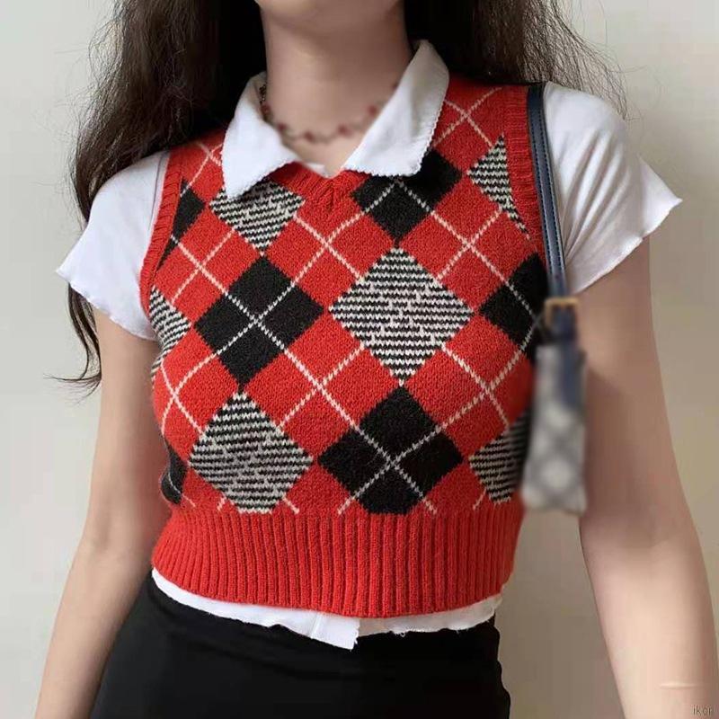 Áo Len Không Tay Cổ Chữ V Họa Tiết Sọc Caro Phong Cách Retro