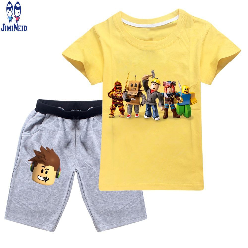 【JD】Spot  hot new big Boys Girl Clothes Sets Summer Roblox Short-sleeved cotton T-shirt + shorts 2-piece set