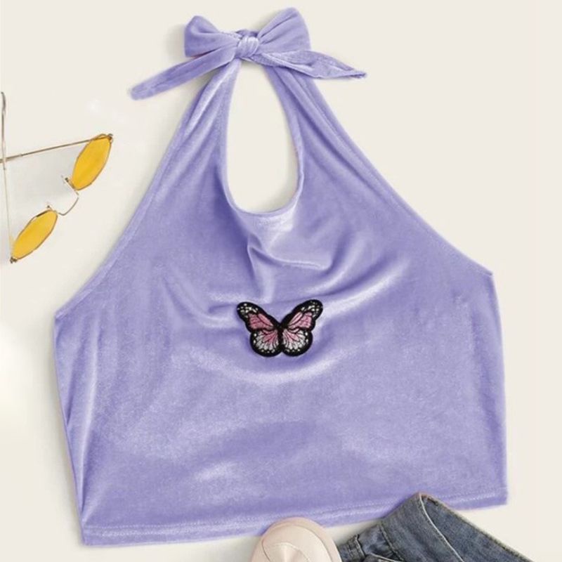 Áo Croptop Hai Dây Vải Nhung Thêu Hình Bướm Màu Sắc Ngọt Ngào Quyến Rũ