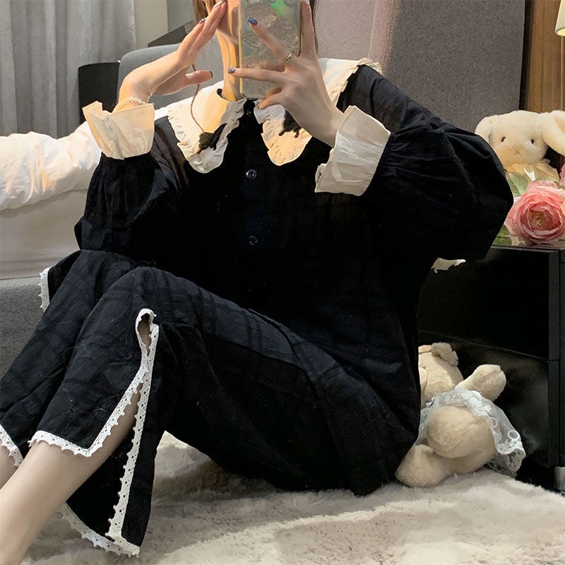 Bộ đồ ngủ tay dài cổ búp bê ngọt ngào đơn giản thời trang thu đông cho nữ