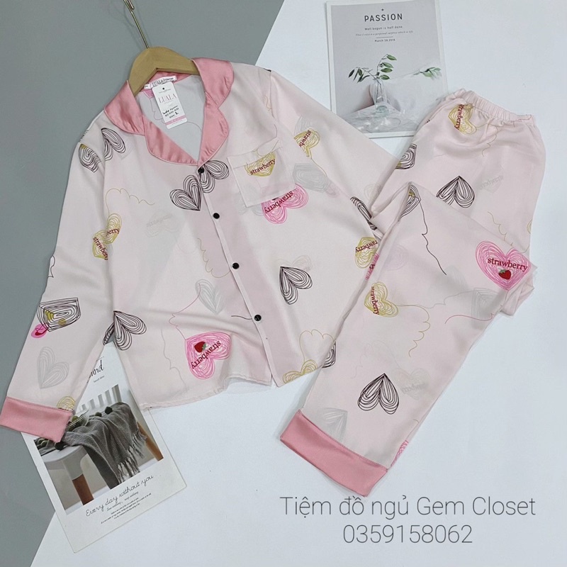 Bộ mặc nhà pijama áo dài tay quần dài hoạ tiết tim màu sắc pastel