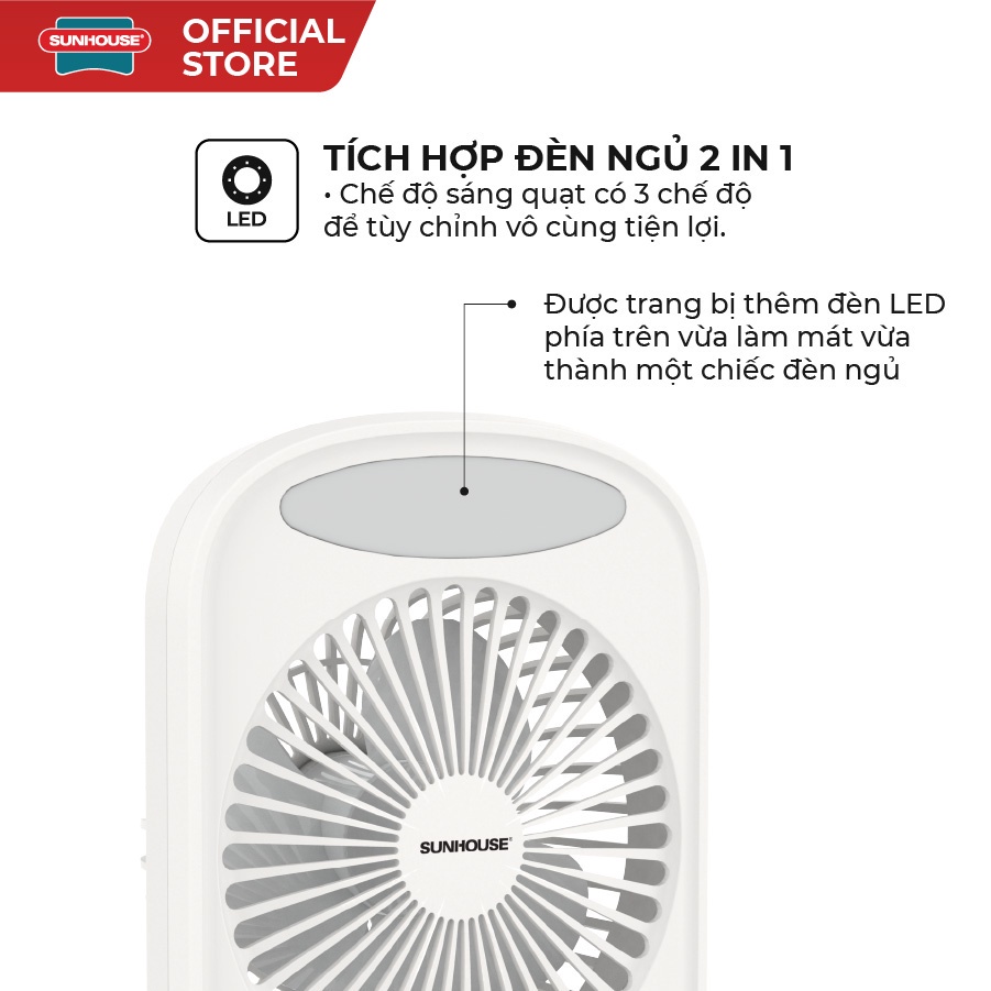 Quạt tích điện mini Sunhouse SHD7110, công suất 7W, tích hợp đèn ngủ, 3 tốc độ, bảo hành 12 tháng