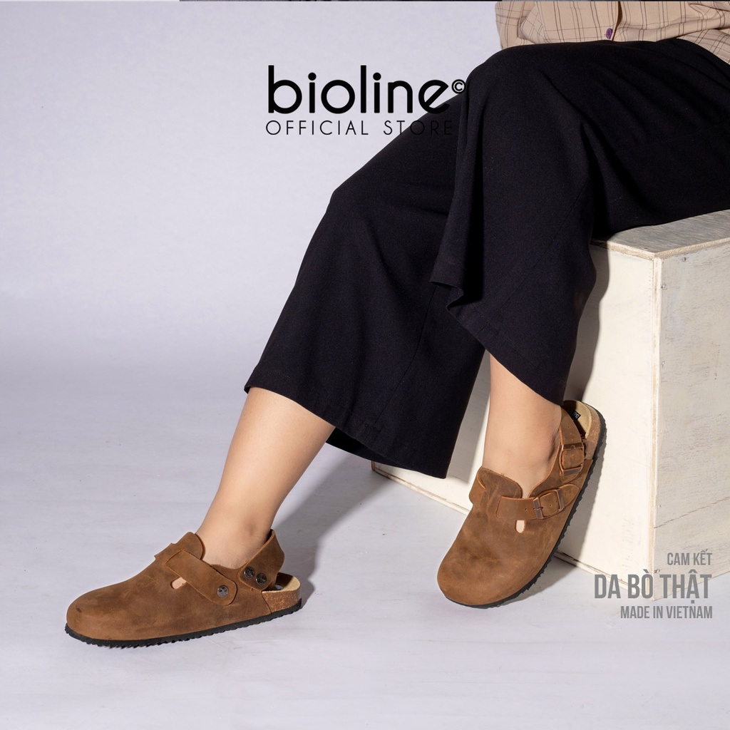 Giày sục đế trấu BIRKEN da bò thật quai hậu nam nữ đế trấu bít mũi Unisex Bioline