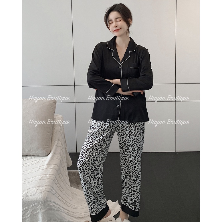 HT115 Bộ ngủ lụa tay dài cổ bẻ đơn giản, bộ mặc nhà hoạ tiết da báo sang chảnh CAO CẤP HT115