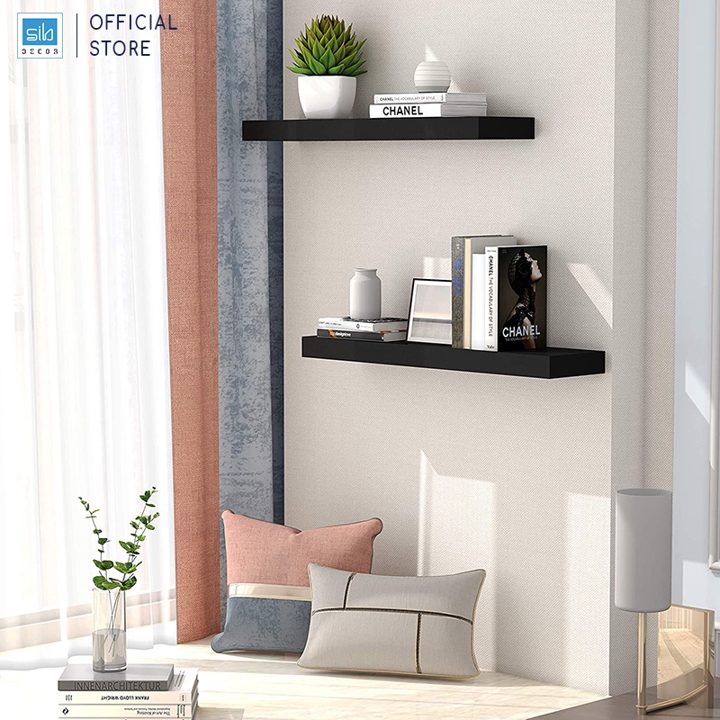 Set 2 Kệ Gỗ Treo Tường Cùng Kích Thước Màu Đen SIB Decor, Loại Kệ Gỗ Dày 25mm