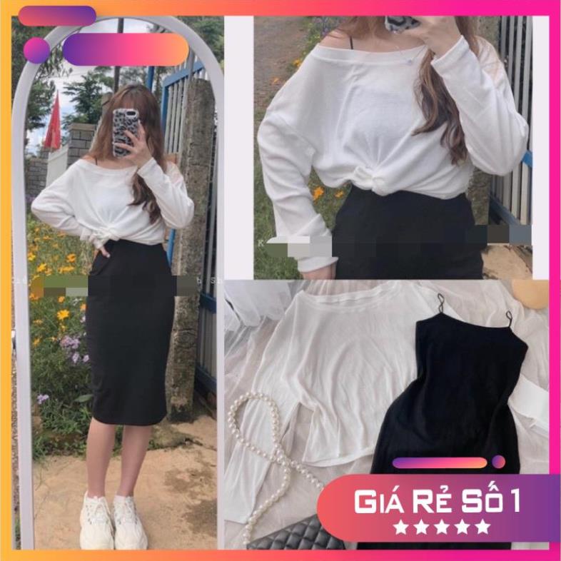 Set 2 Món Váy Body 2 Dây Đen+ Áo Thun Tay Dài Trễ Vai Hot Hit