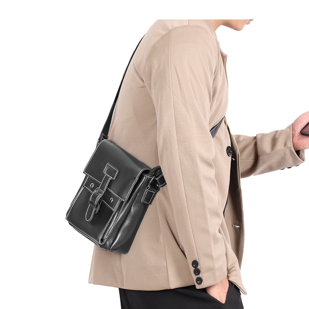 Túi xách nam đeo chéo da trơn chỉ nổi cặp nam hai ngăn thời trang màu đen bóp đeo ngực Hàn Quốc MINA