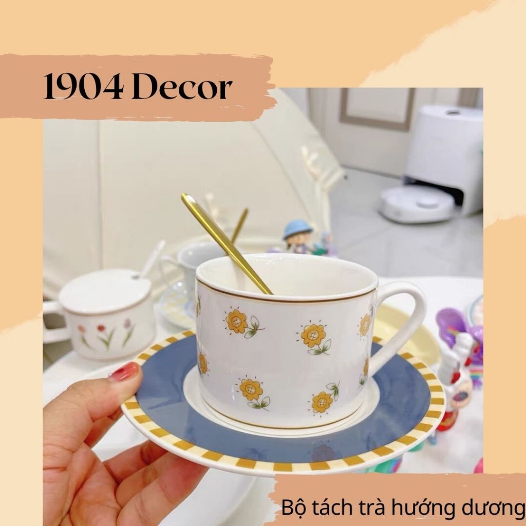 Bộ cốc sứ, ly sứ uống trà, cafe hoạ tiết hướng dương phong cách vintage - 1904 DECOR