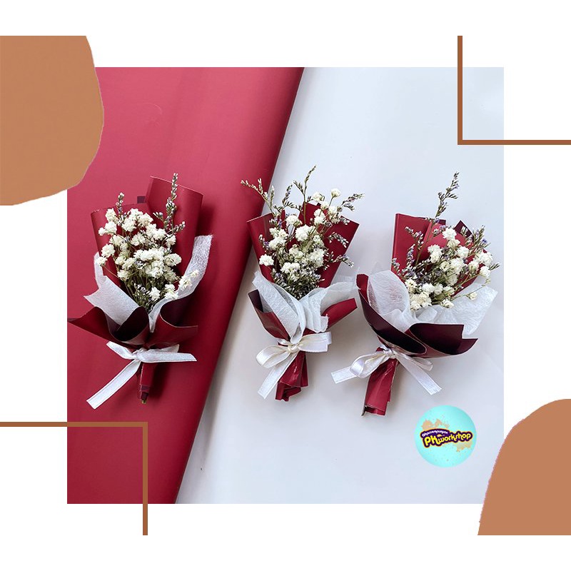 Bó hoa khô mini trang trí, decor hộp quà tone Xám/Đỏ