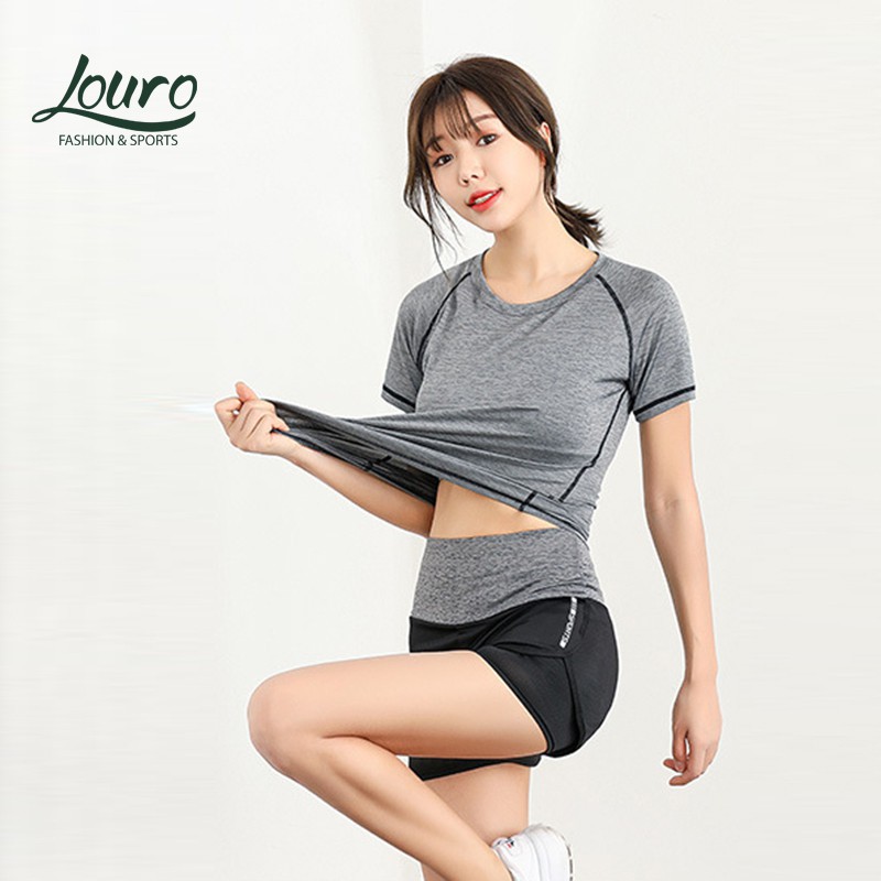 Bộ đồ tập yoga ngắn tay Louro SE27, kiểu quần áo tập yoga mới nhất, quần tập 2 lớp, áo tập thể thao cực đẹp