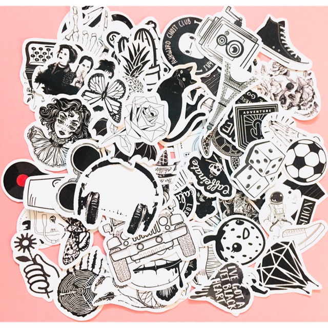 Sét 30-50 cái Sticker đen trắng black white ép lụa đề can bóc dán