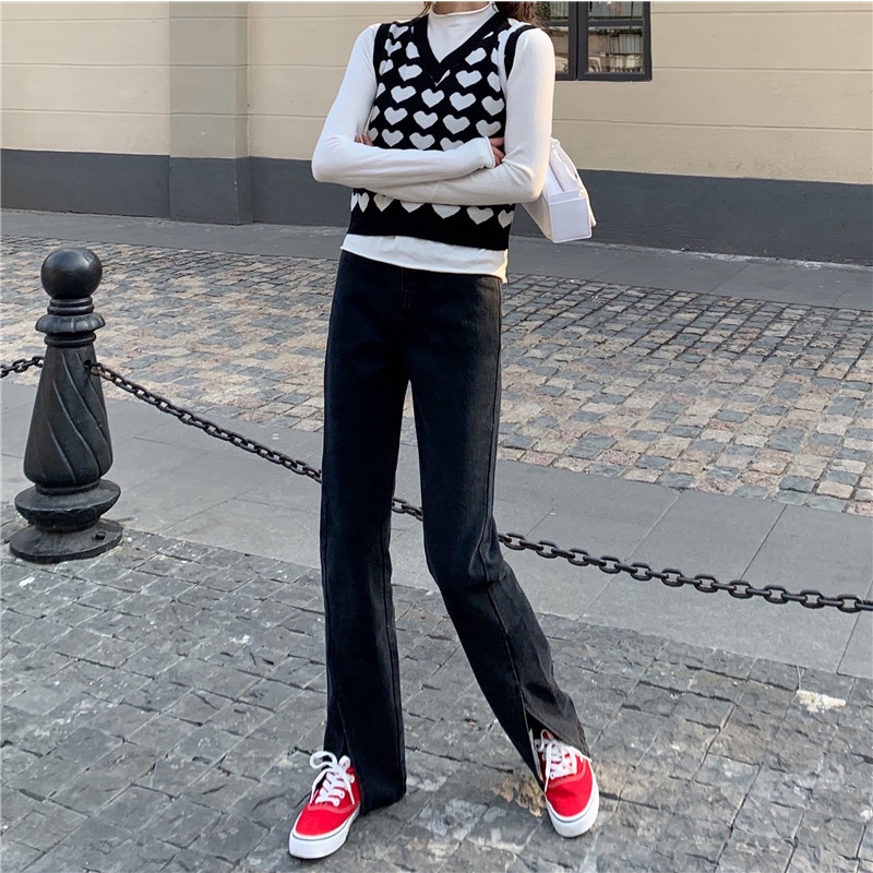 Quần jeans Nữ Dài Lưng Cao Ống Rộng Thời Trang Hàn