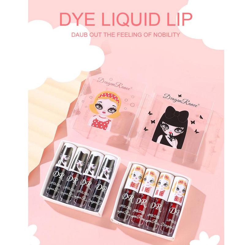 4 pcs/set cute lip stain liquid set box mirror water lipstick berry gloss color glaze lip glass H6I4