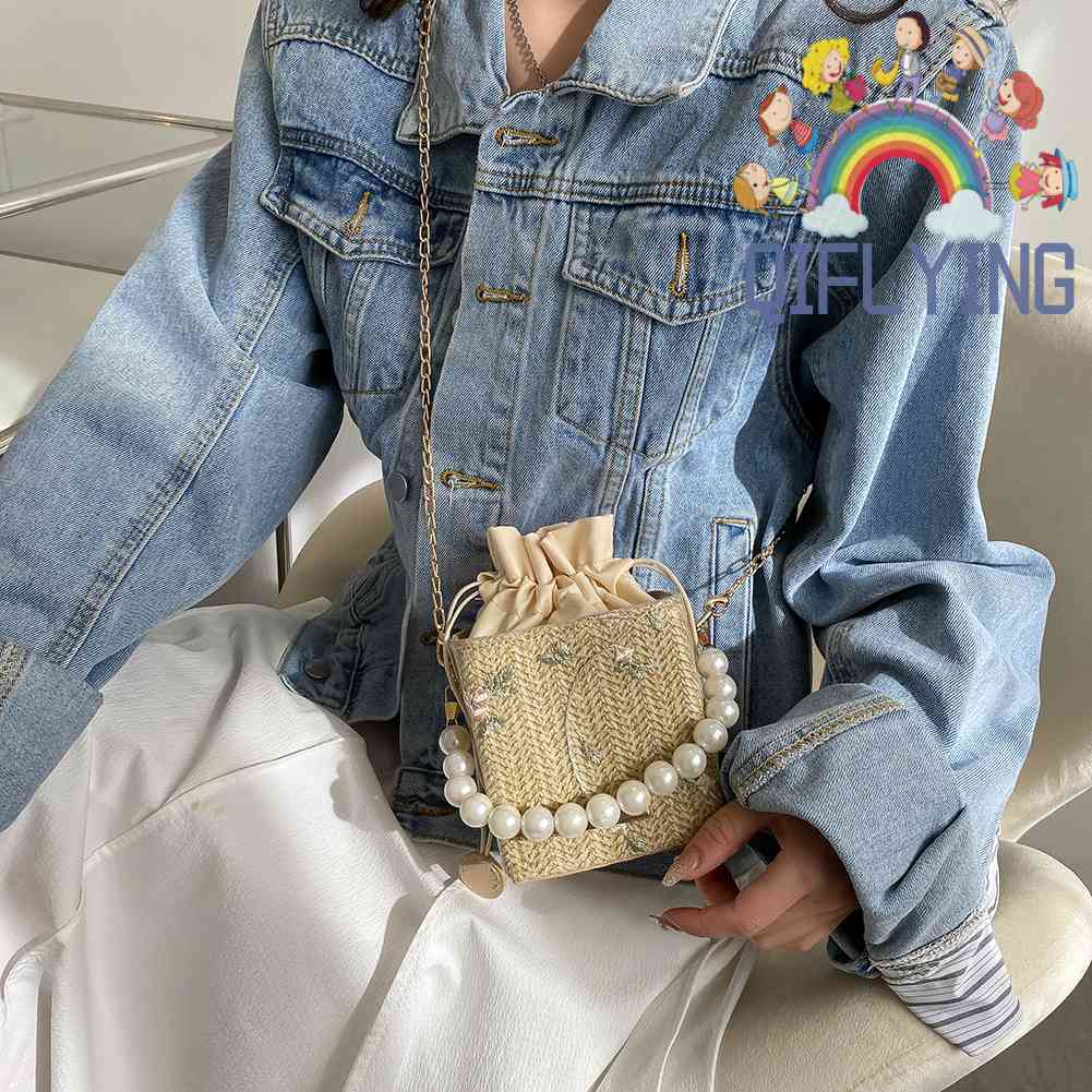 Túi Đeo Chéo Mini Dây Rút Đính Hoa Ngọc Trai Dành Cho Nữ