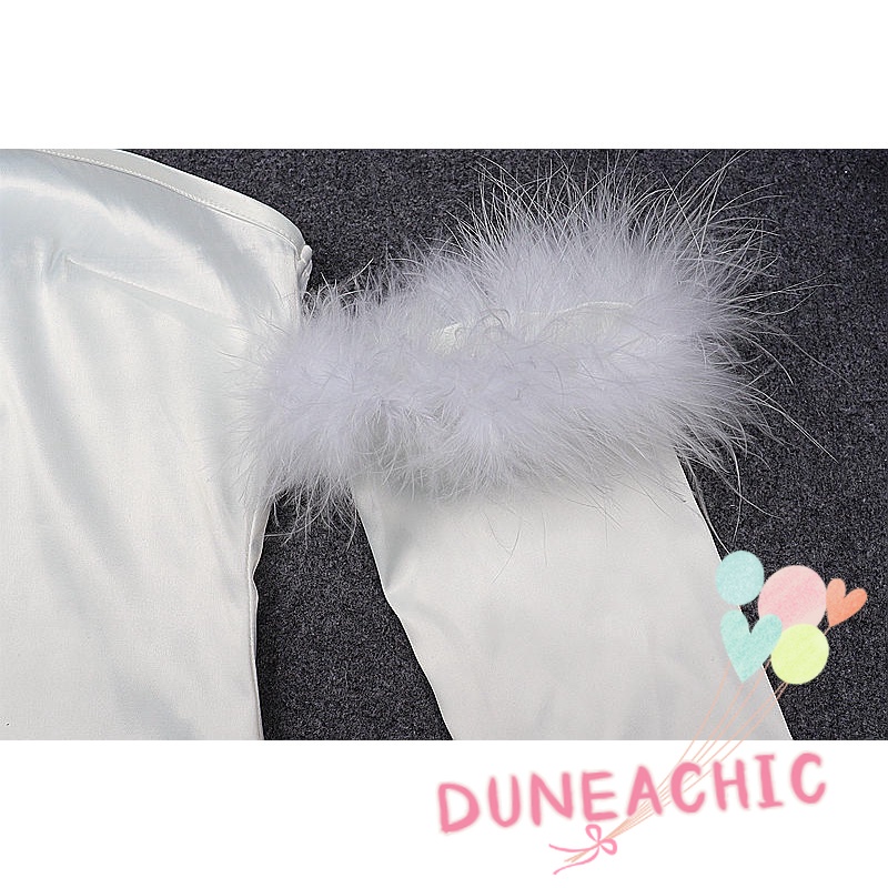 DUNEA Đầm trễ vai tay dài phối lông vũ thời trang quyến rũ cho nữ