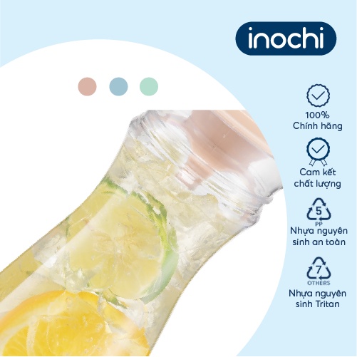 Bình nước Inochi - Yama 1.2L, 1.3L thân Trắng trong + nắp Xanh nhạt/Xanh trà/Hồng đậm