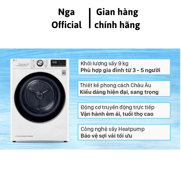 Máy sấy bơm nhiệt LG 9 Kg DVHP09W