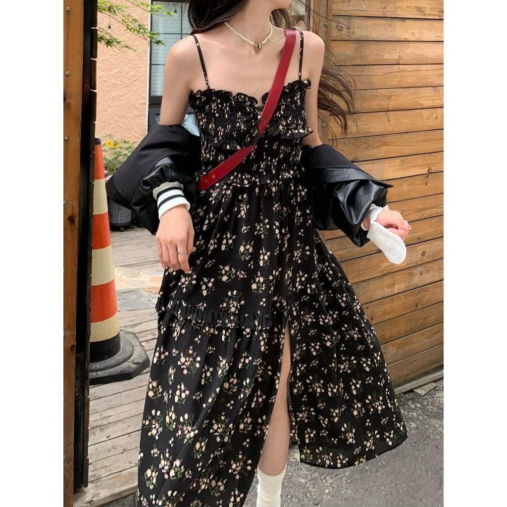 Xiaozhainv Đầm Dài Hai Dây Xẻ Tà Họa Tiết Hoa Nhẹ Nhàng Kiểu Pháp Cho Nữ