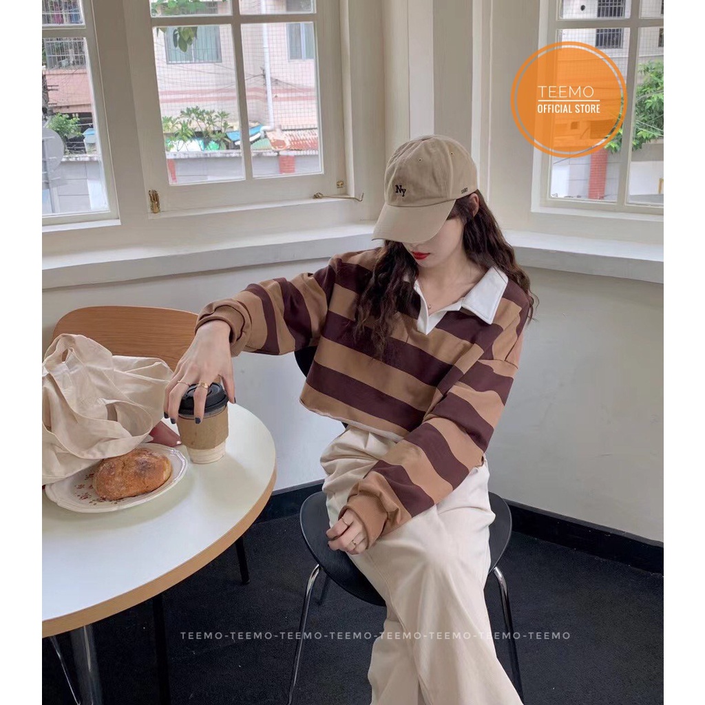 Áo croptop tay dài cổ polo,áo croptop nữ kẻ ngang chất cotton da cá cực hot 2110A36  (Có sẵn/ảnh thật)