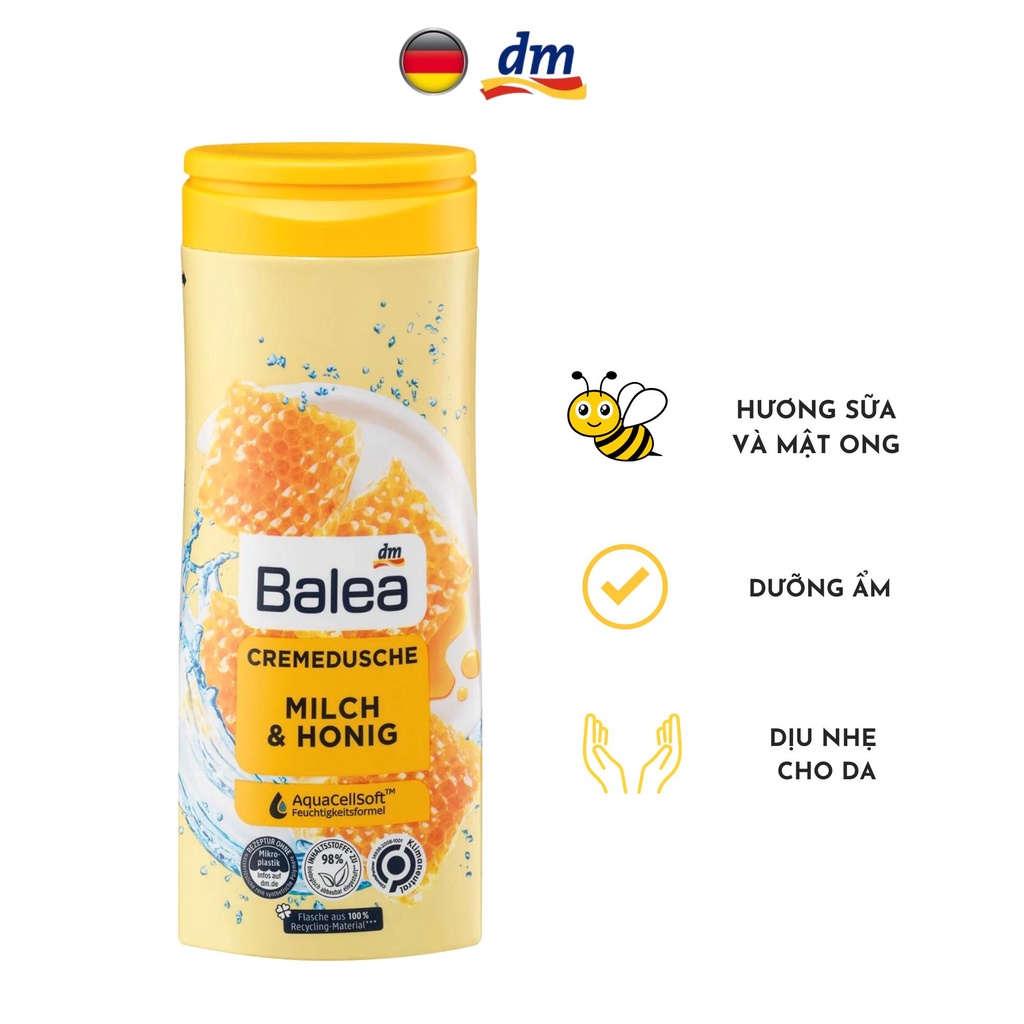 Sữa tắm BALEA dưỡng ẩm cho mọi loại da hương thơm sữa và mật ong, Cremedusche Milch & Honig 300ml - hàng nhập khẩu Đức