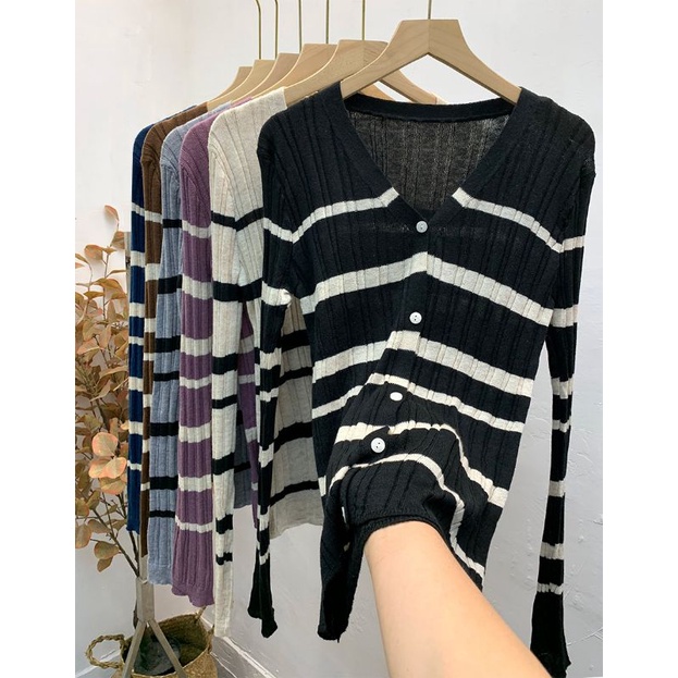 [ ÁO CARDIGAN ] ÁO CARDIGAN SỌC LEN MỎNG DÀI TAY DỆT KIM, KHUY CÀI CỔ CHỮ V PHONG CÁCH HÀN QUỐC SỊN SÒ THU ĐÔNG 2021 | BigBuy360 - bigbuy360.vn