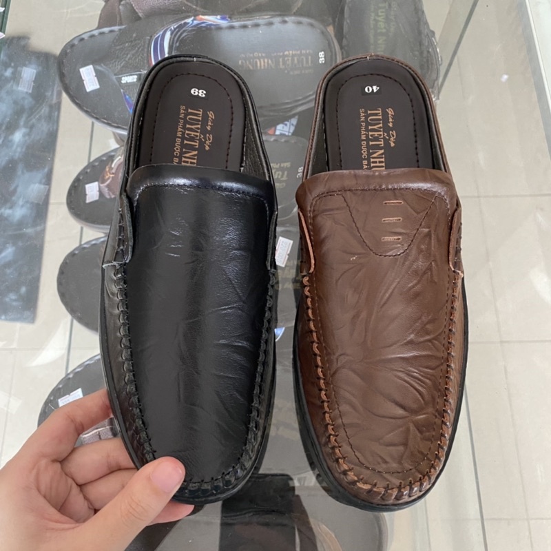 Giày da nam hở gót màu nâu/đen hoạ tiết nhăn