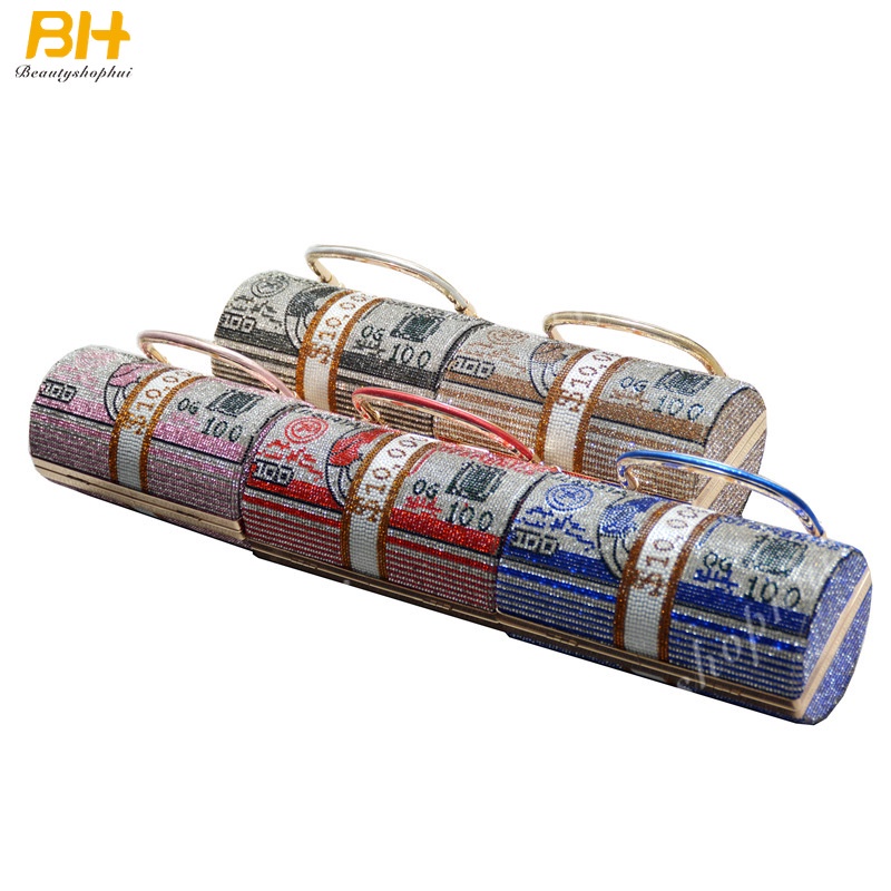 Túi Xách Đeo Vai Hình Trụ Nhỏ Đính Kim Cương Giả Thời Trang Dự Tiệc Cho Nữ