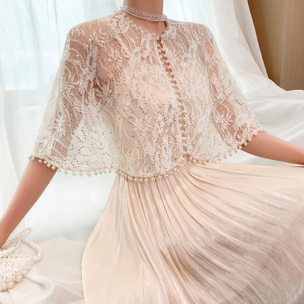 Áo Choàng Sườn Xám Phối Ren Đính Ngọc Trai Thời Trang Xuân Hè Cá Tính