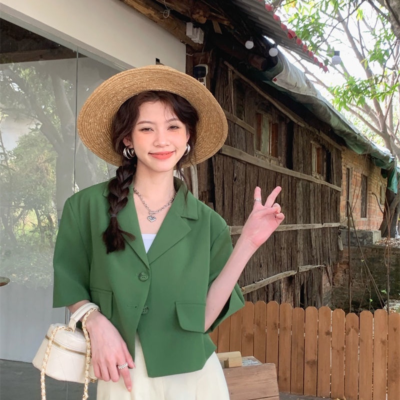 Áo khoác SUXI tay ngắn màu trơn dáng rộng phong cách Hàn Quốc dành cho nữ