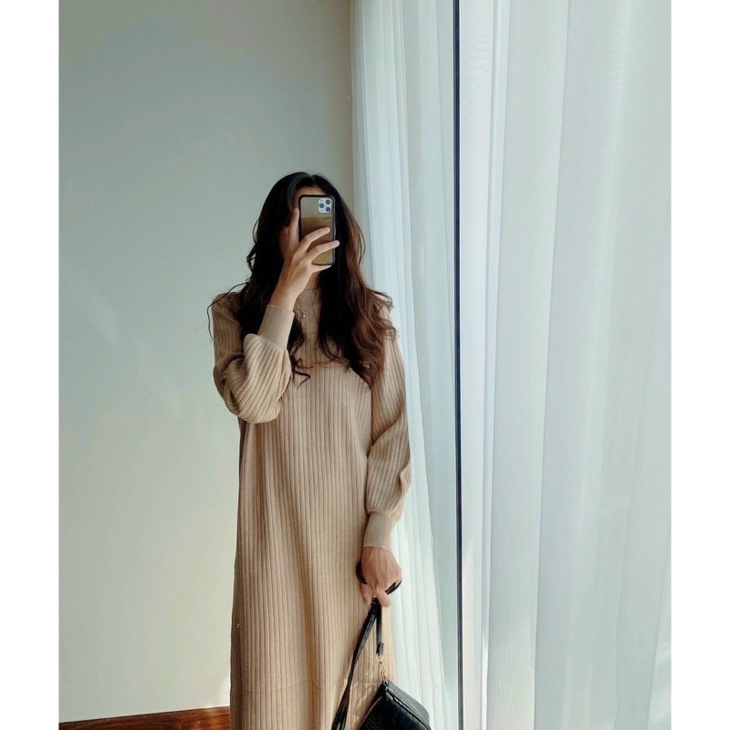 Đầm len Váy len suông tay bồng chất len gân hàng QC màu đen be nâu dáng rộng bầu bí bon chen được