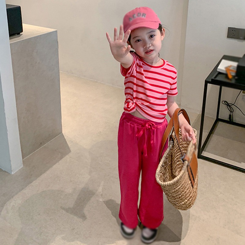 Set Áo Thun Tay Ngắn Kẻ Sọc Phối Quần Ống Rộng Thời Trang Hè Xinh Xắn Cho Bé Gái