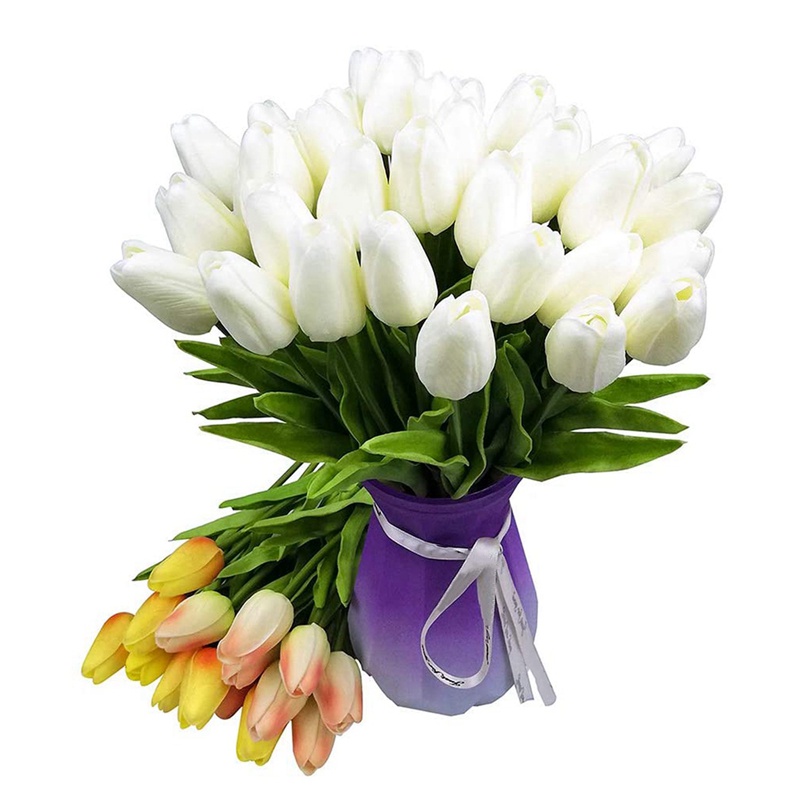 30 cái Hoa Tulip nhân tạo Hoa Tulip cảm ứng thực sự Hoa Tulip giả Hà Lan PU Bó hoa cao su Hoa Tulip trắng